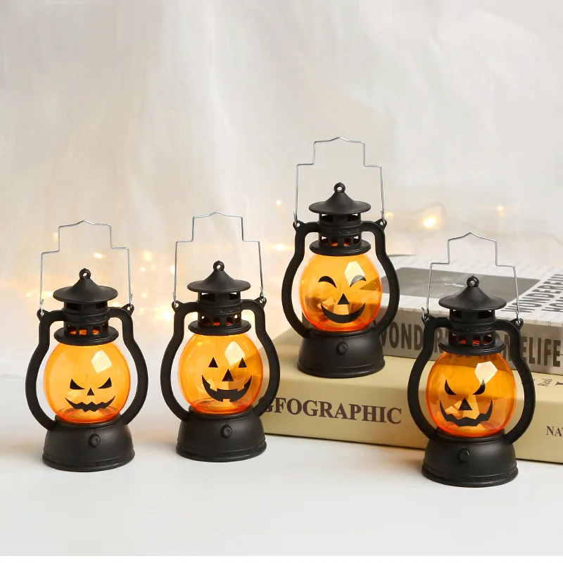 Halloween LED Hanging Pumpkin Lantern Light Ghost Lamp Candle Light Retro Small Oil Lamp Halloween Party Home Decor Horror Props