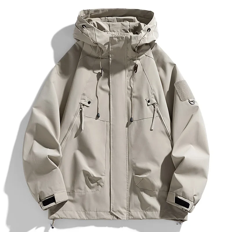 Windbreakers Men Hooded Jacket Zipper Coat Cargo Waterproof Black Bomber Camping Loose Thin Softshell Hooded Hiking Jacket