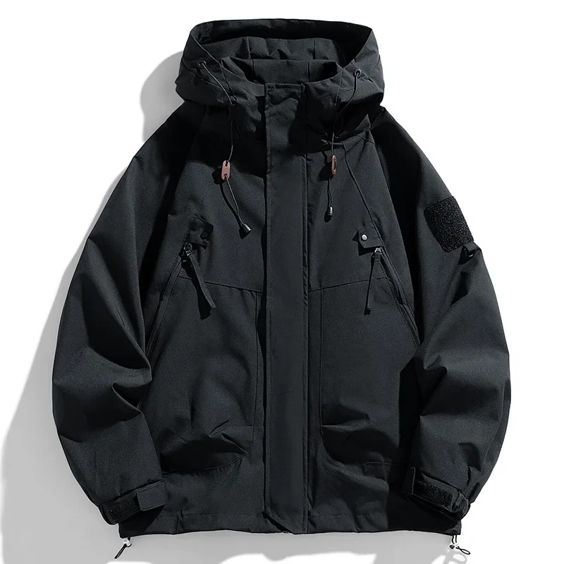 Windbreakers Men Hooded Jacket Zipper Coat Cargo Waterproof Black Bomber Camping Loose Thin Softshell Hooded Hiking Jacket