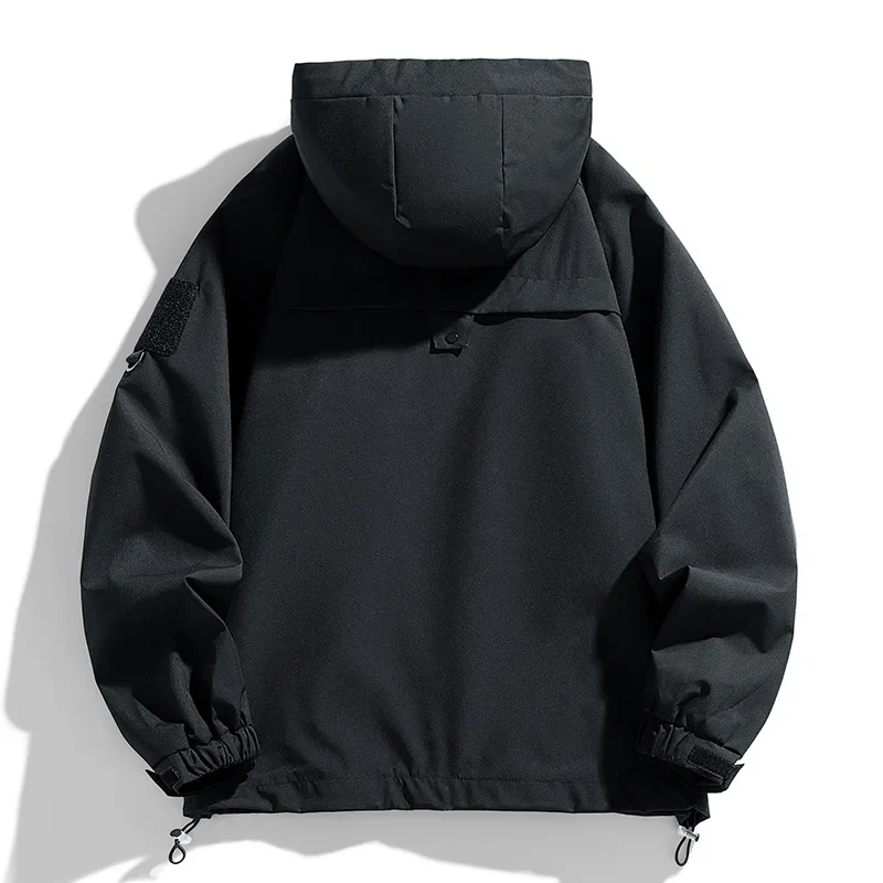 Windbreakers Men Hooded Jacket Zipper Coat Cargo Waterproof Black Bomber Camping Loose Thin Softshell Hooded Hiking Jacket
