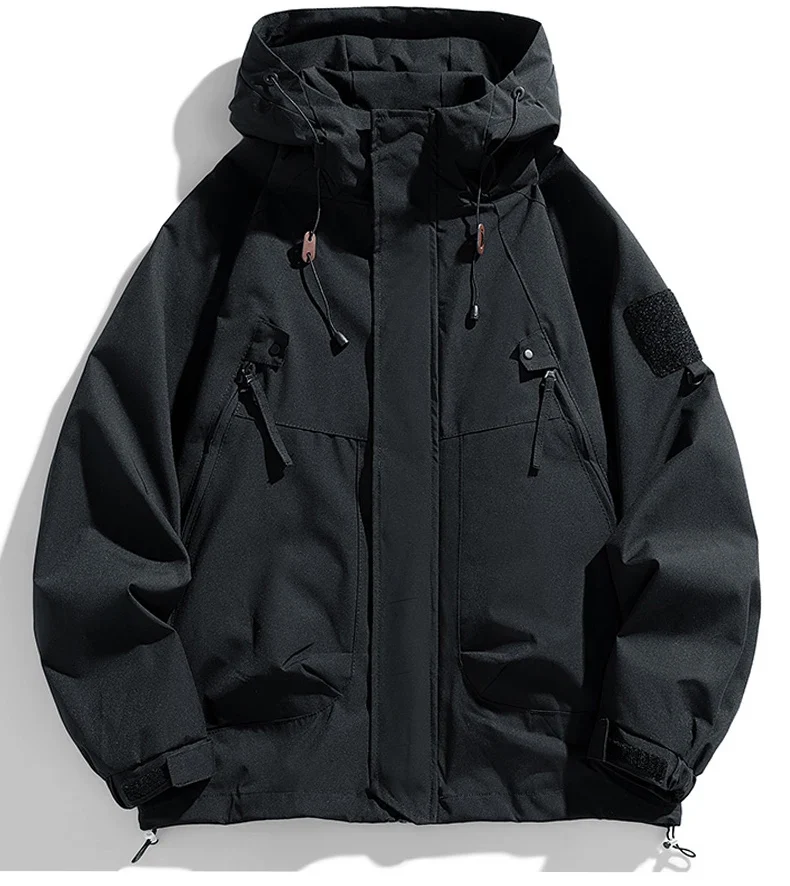 Windbreakers Men Hooded Jacket Zipper Coat Cargo Waterproof Black Bomber Camping Loose Thin Softshell Hooded Hiking Jacket