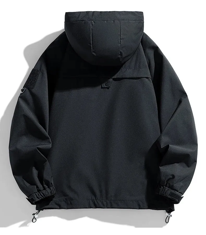Windbreakers Men Hooded Jacket Zipper Coat Cargo Waterproof Black Bomber Camping Loose Thin Softshell Hooded Hiking Jacket