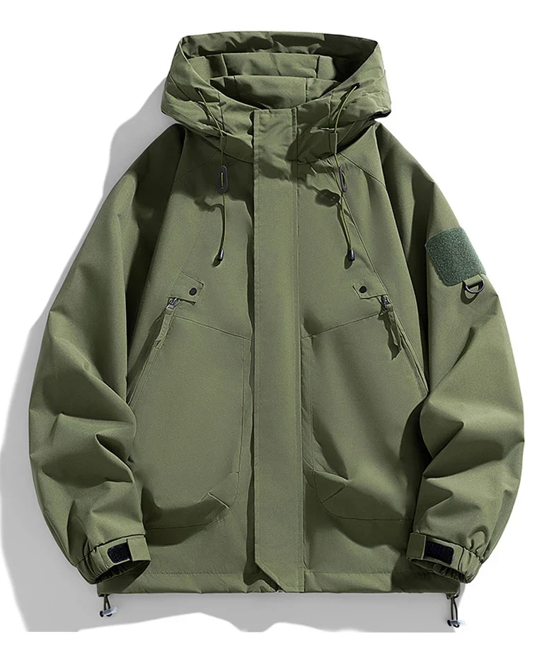 Windbreakers Men Hooded Jacket Zipper Coat Cargo Waterproof Black Bomber Camping Loose Thin Softshell Hooded Hiking Jacket
