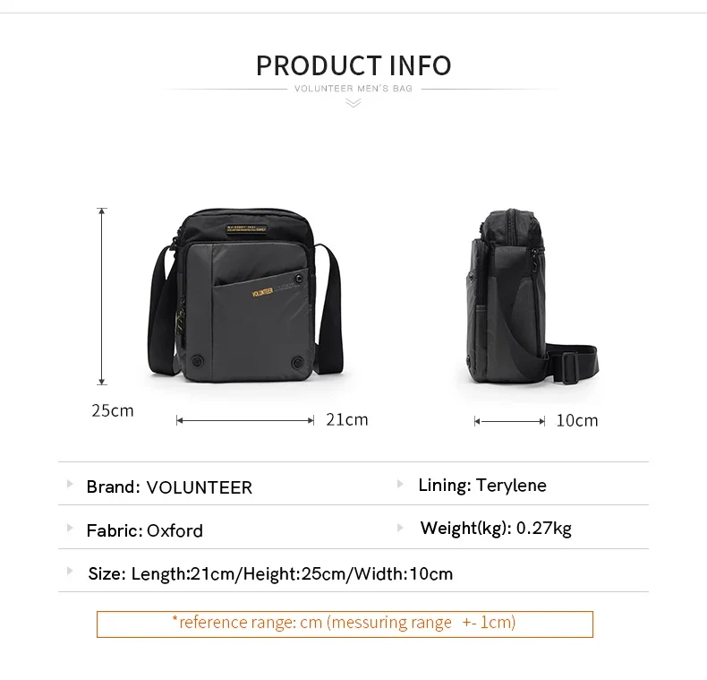 VOLUNTEER Shoulder Bag for Men New Light Weight Commuter Fashion Oxford Cloth Versatile Solid Phone Crossbody Bags Man 1698-08