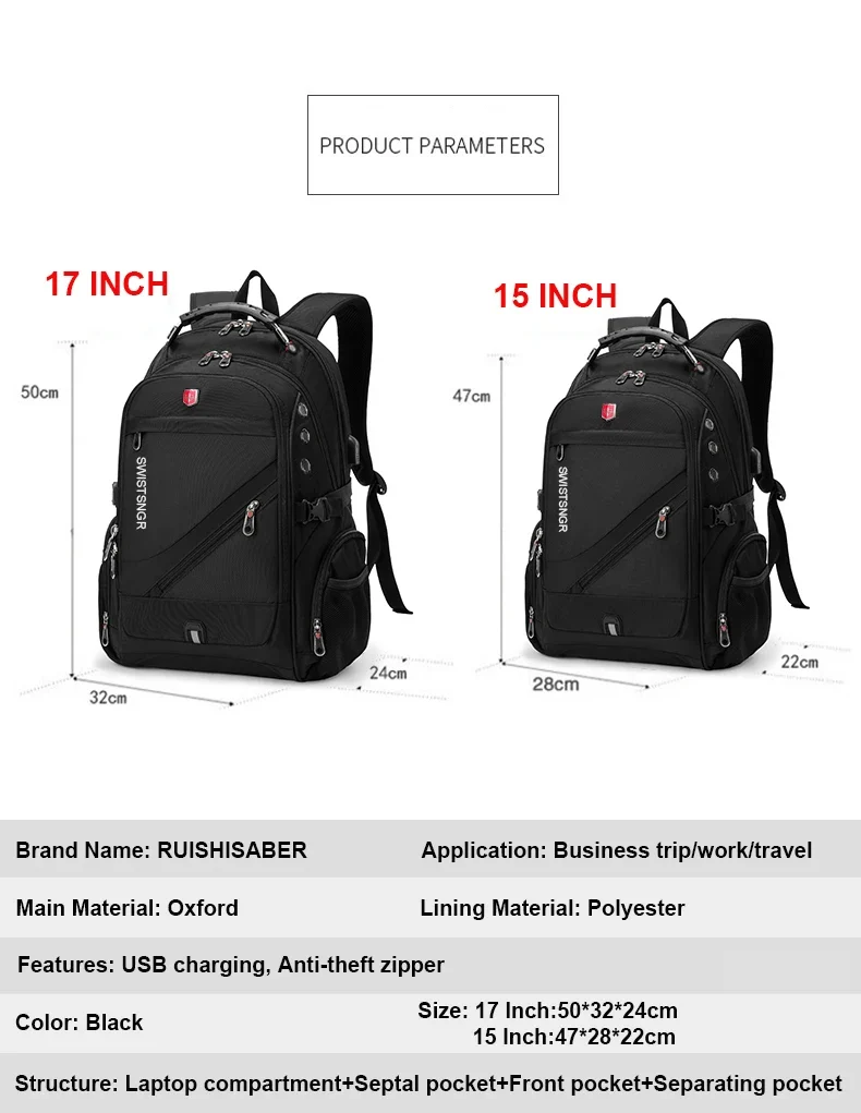 Waterproof 15.6/17.3 Inch Laptop Backpack Men USB Charging Swiss Backpack Travel Women Rucksack Male Vintage School Bag Mochila