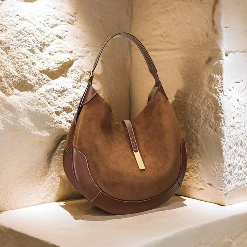 Women's underarm bag suede splicing pu leather design dumpling bag Tote bag Fashion brown/black shoulder crescent handbags bolsa