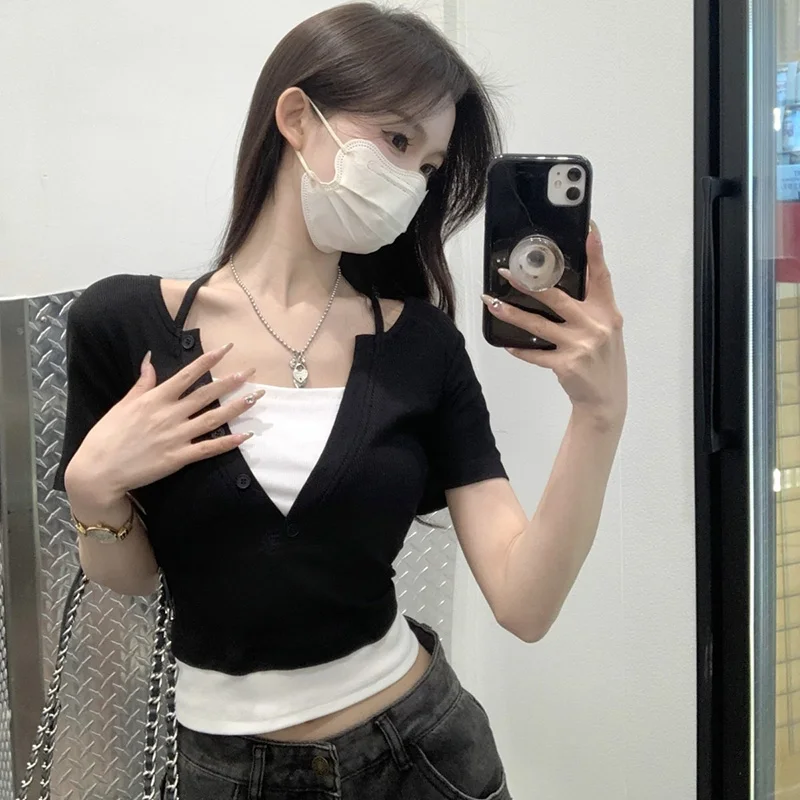 Summer Women Sexy Club Bodycon Tops Lady Hanging Neck Crop Short Sleeved T-shirts Female Fashion Comfortable Black Gray Clothes