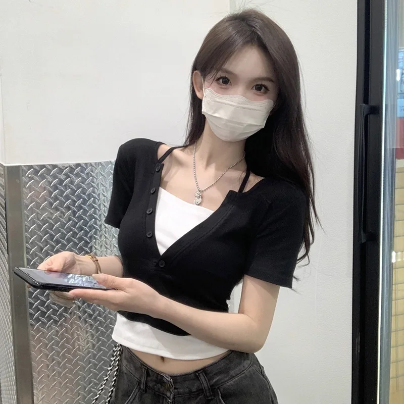 Summer Women Sexy Club Bodycon Tops Lady Hanging Neck Crop Short Sleeved T-shirts Female Fashion Comfortable Black Gray Clothes