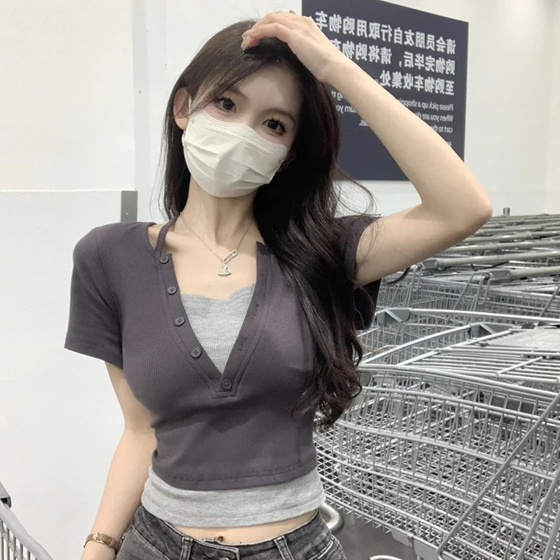 Summer Women Sexy Club Bodycon Tops Lady Hanging Neck Crop Short Sleeved T-shirts Female Fashion Comfortable Black Gray Clothes