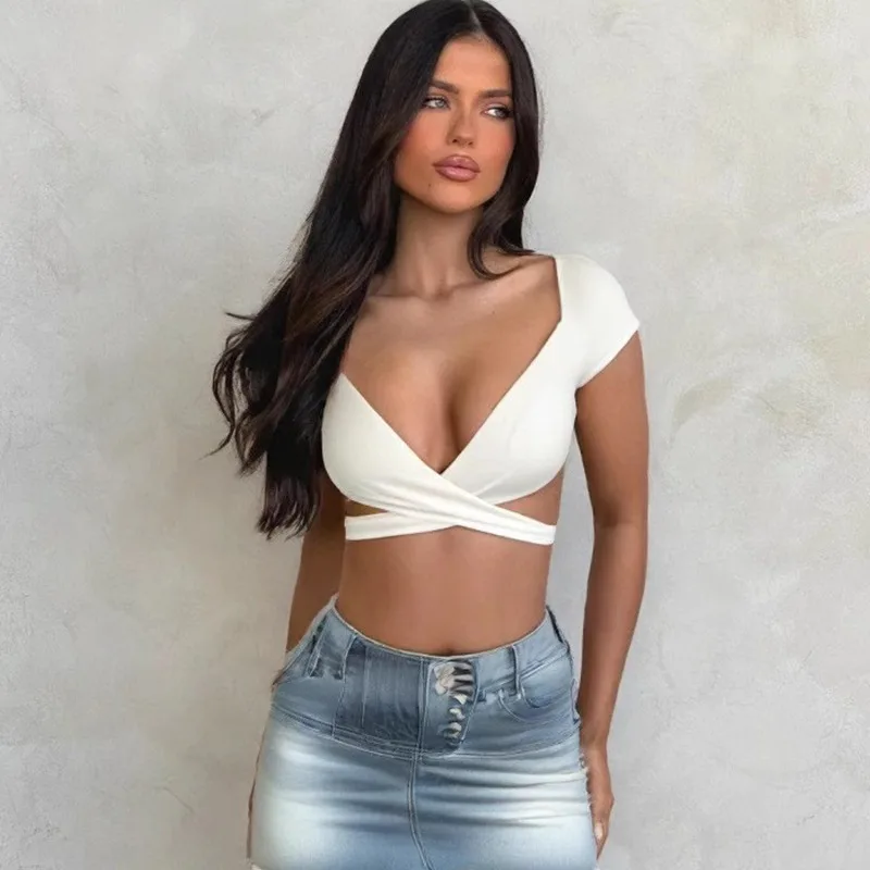 Summer Women's Sexy V Neck T-Shirt High Waisted Push Up Crop Top Stretchy Blend Daily Club Outfit Beach Elegant Curvy Fit Tee
