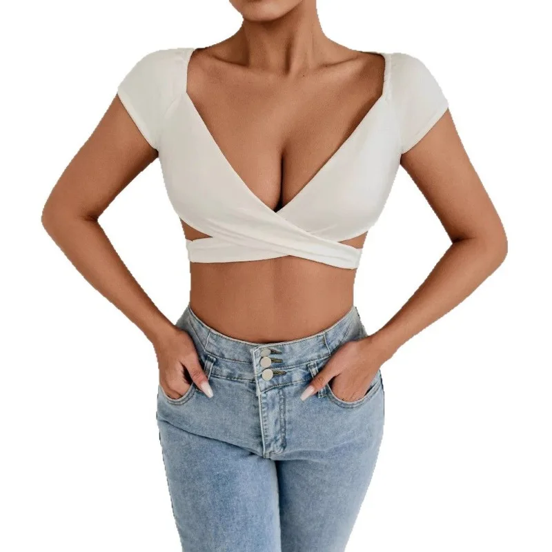 Summer Women's Sexy V Neck T-Shirt High Waisted Push Up Crop Top Stretchy Blend Daily Club Outfit Beach Elegant Curvy Fit Tee