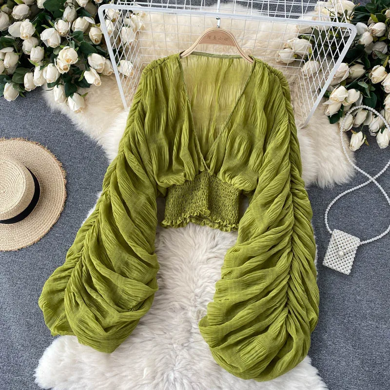 Summer Sexy Draped Chiffon Blouse For Women Elegant V-Neck Puff Long Sleeve Short Tops Female Slim Party Shirts 2022 New Fashion