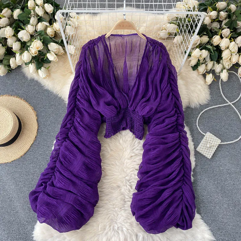 Summer Sexy Draped Chiffon Blouse For Women Elegant V-Neck Puff Long Sleeve Short Tops Female Slim Party Shirts 2022 New Fashion