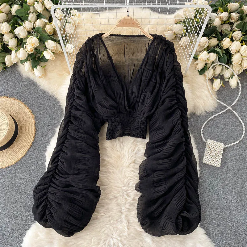 Summer Sexy Draped Chiffon Blouse For Women Elegant V-Neck Puff Long Sleeve Short Tops Female Slim Party Shirts 2022 New Fashion