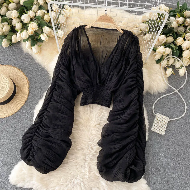 Summer Sexy Draped Chiffon Blouse For Women Elegant V-Neck Puff Long Sleeve Short Tops Female Slim Party Shirts 2022 New Fashion