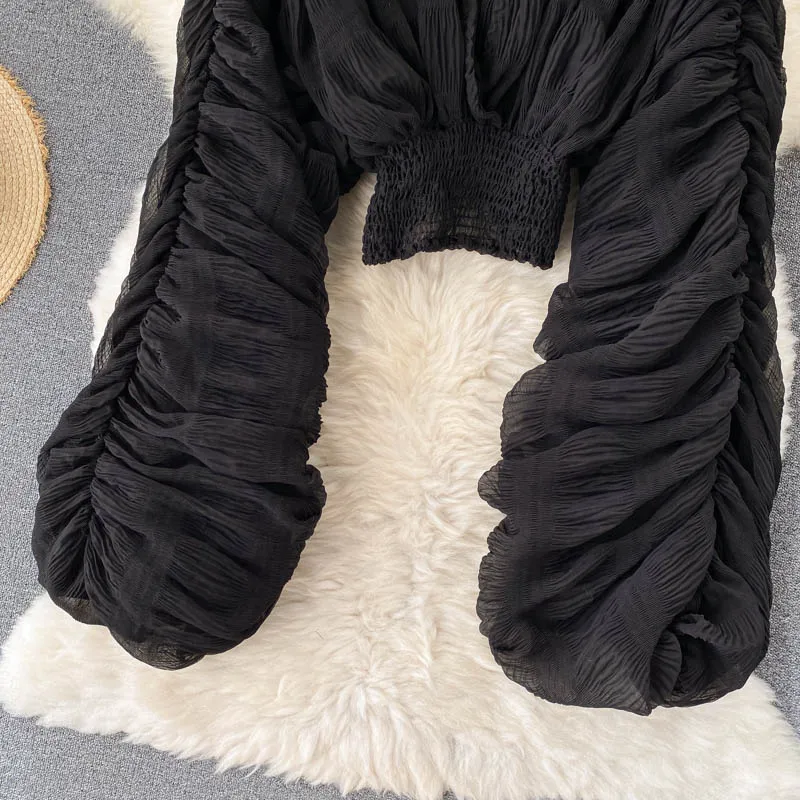Summer Sexy Draped Chiffon Blouse For Women Elegant V-Neck Puff Long Sleeve Short Tops Female Slim Party Shirts 2022 New Fashion