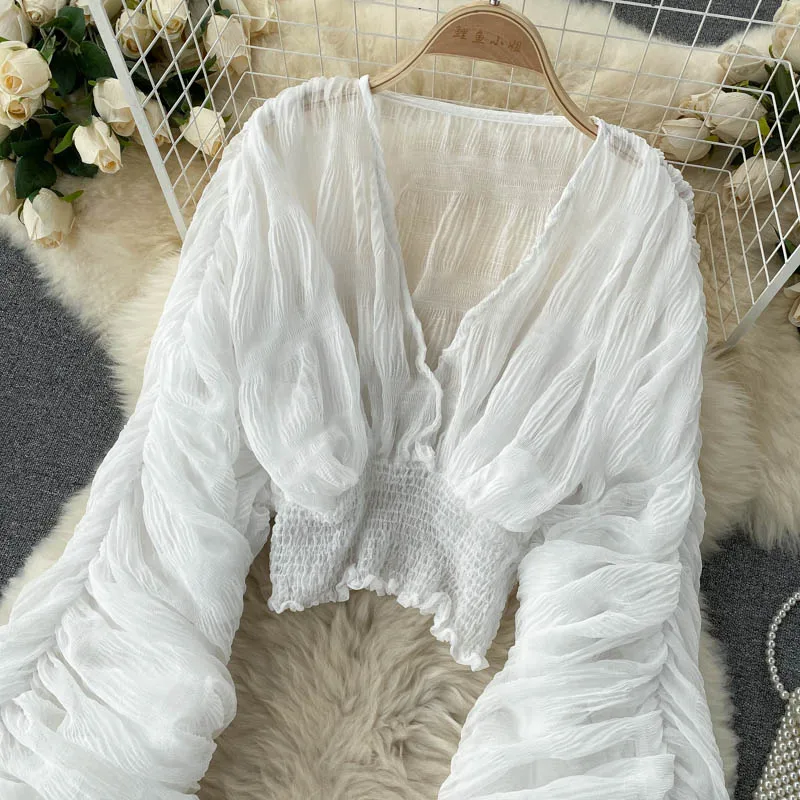 Summer Sexy Draped Chiffon Blouse For Women Elegant V-Neck Puff Long Sleeve Short Tops Female Slim Party Shirts 2022 New Fashion
