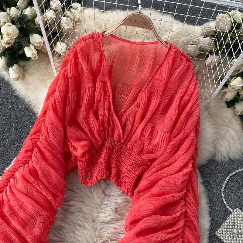 Summer Sexy Draped Chiffon Blouse For Women Elegant V-Neck Puff Long Sleeve Short Tops Female Slim Party Shirts 2022 New Fashion