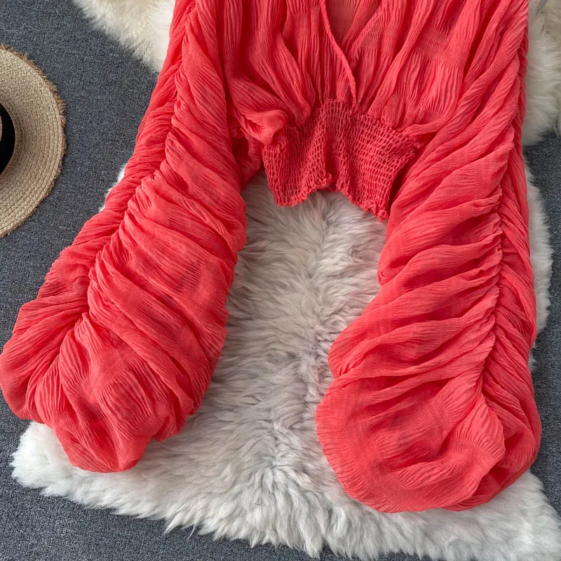 Summer Sexy Draped Chiffon Blouse For Women Elegant V-Neck Puff Long Sleeve Short Tops Female Slim Party Shirts 2022 New Fashion