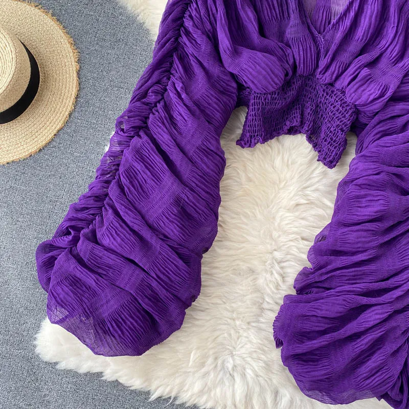 Summer Sexy Draped Chiffon Blouse For Women Elegant V-Neck Puff Long Sleeve Short Tops Female Slim Party Shirts 2022 New Fashion