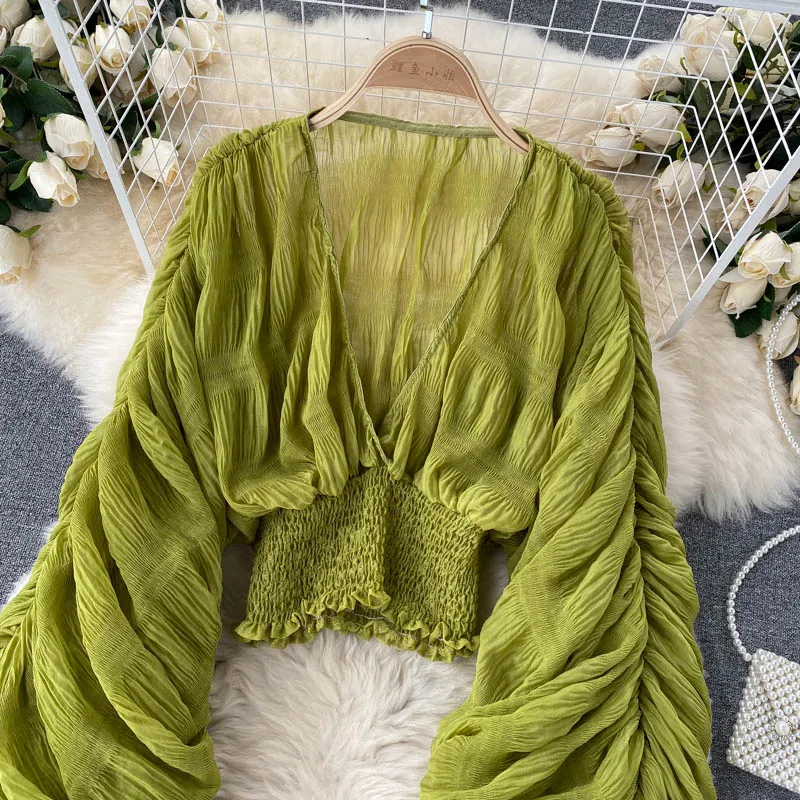 Summer Sexy Draped Chiffon Blouse For Women Elegant V-Neck Puff Long Sleeve Short Tops Female Slim Party Shirts 2022 New Fashion