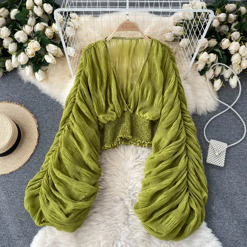 Summer Sexy Draped Chiffon Blouse For Women Elegant V-Neck Puff Long Sleeve Short Tops Female Slim Party Shirts 2022 New Fashion