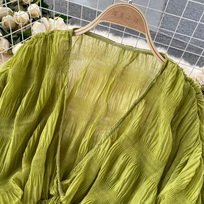 Summer Sexy Draped Chiffon Blouse For Women Elegant V-Neck Puff Long Sleeve Short Tops Female Slim Party Shirts 2022 New Fashion