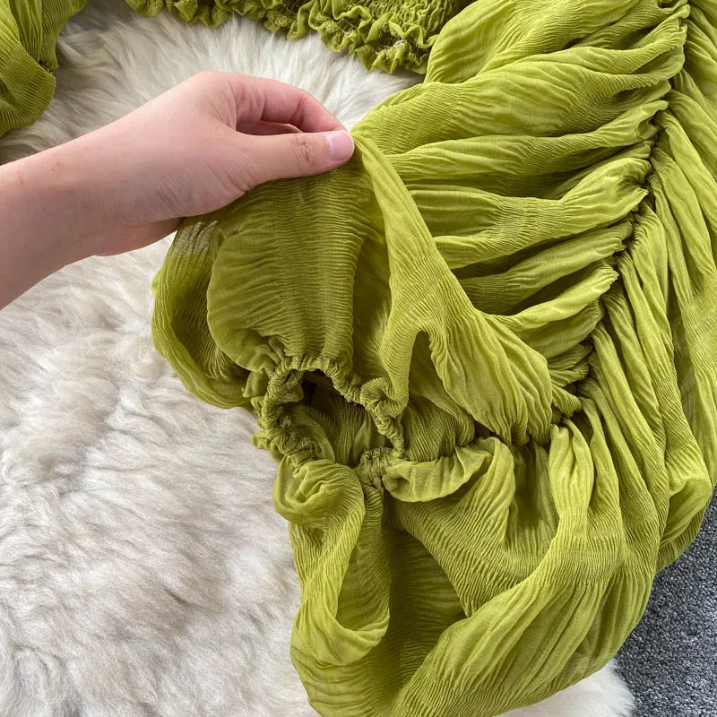 Summer Sexy Draped Chiffon Blouse For Women Elegant V-Neck Puff Long Sleeve Short Tops Female Slim Party Shirts 2022 New Fashion