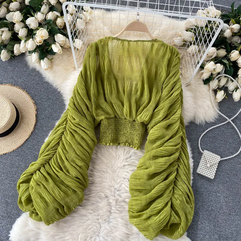 Summer Sexy Draped Chiffon Blouse For Women Elegant V-Neck Puff Long Sleeve Short Tops Female Slim Party Shirts 2022 New Fashion