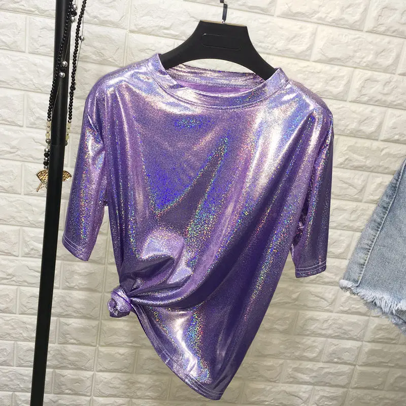 summer woman tops shiny loose short sleeve t-shirt sexy club aesthetic harajuku women stylish bright silk tshirt