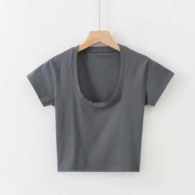 Summer Sexy T Shirt Tops for Women Clothes Stretch Slim Tees Shirt Femme U Neck Short Sleeve T-shirts Streetwea Crop Top