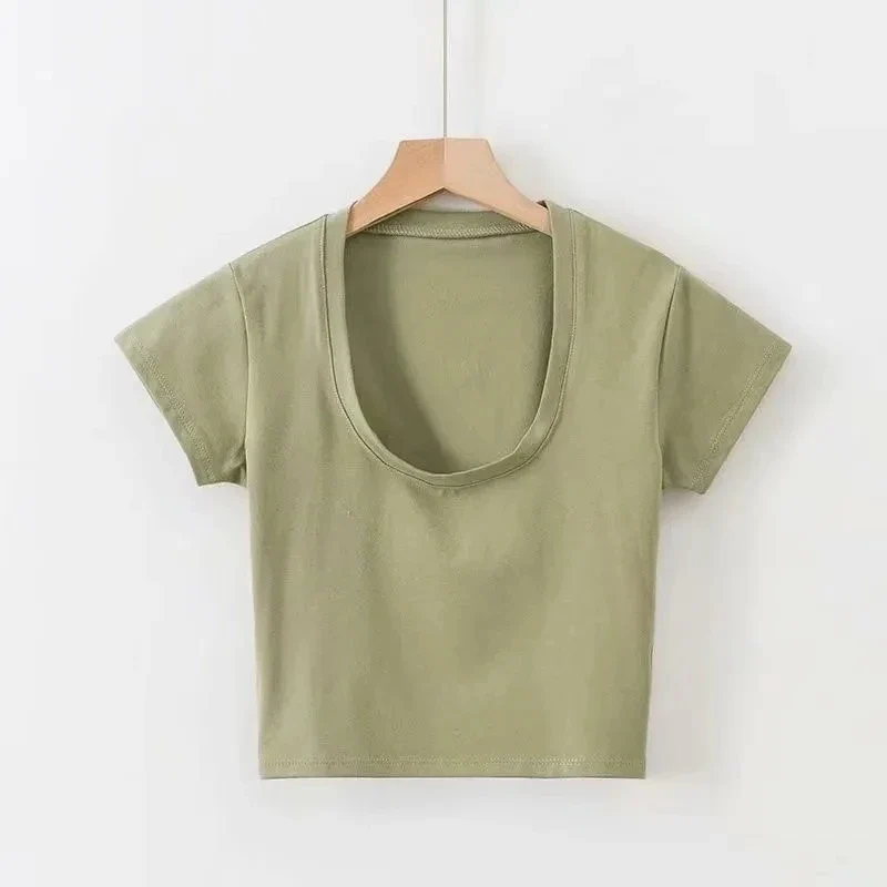 Summer Sexy T Shirt Tops for Women Clothes Stretch Slim Tees Shirt Femme U Neck Short Sleeve T-shirts Streetwea Crop Top