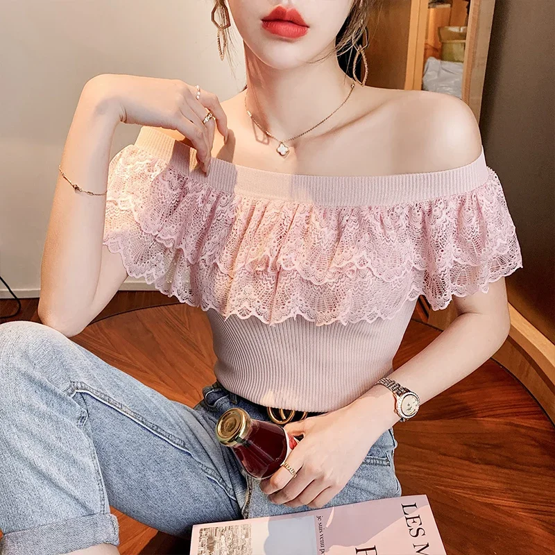 Sexy Ladies Tops Summer Blouse for Women 2024 Blusas Mujer De Moda Patchwork Lace Ruffles Blouses Tunic Sweet Knitted Shirts