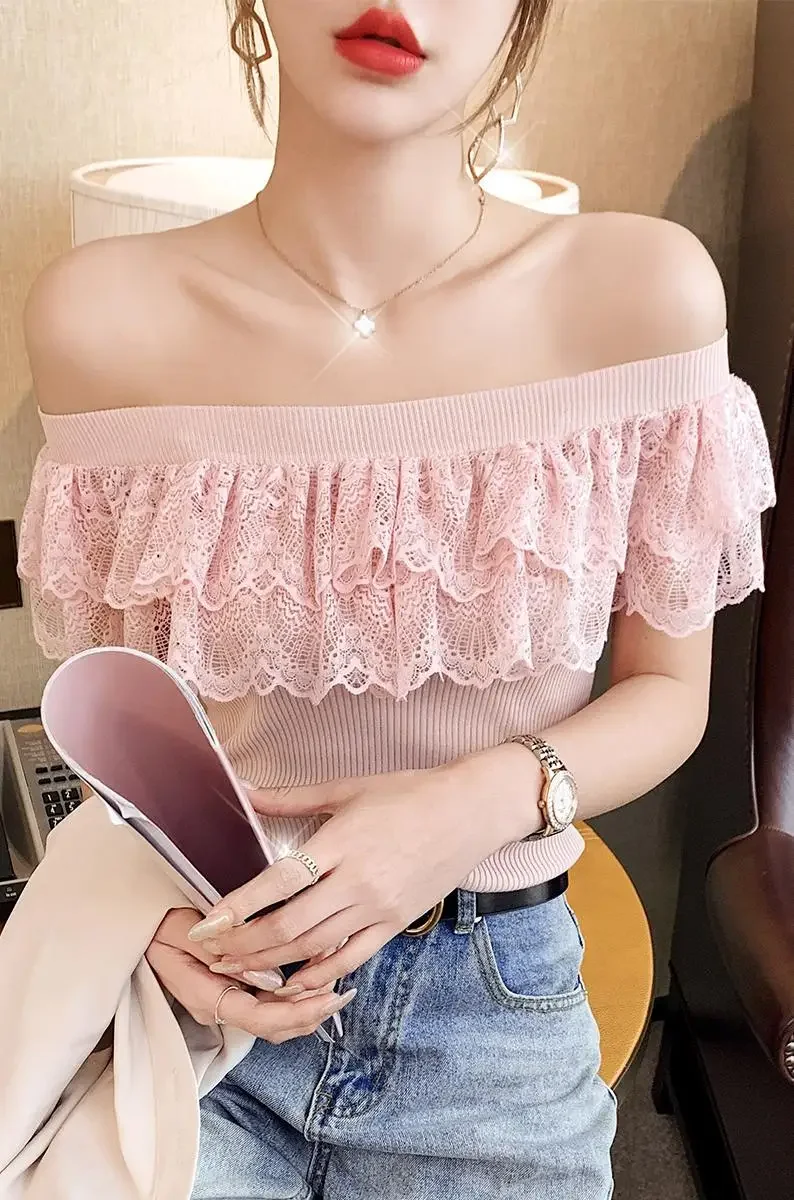 Sexy Ladies Tops Summer Blouse for Women 2024 Blusas Mujer De Moda Patchwork Lace Ruffles Blouses Tunic Sweet Knitted Shirts