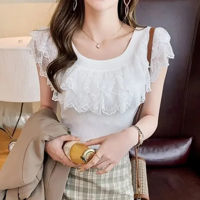 Sexy Ladies Tops Summer Blouse for Women 2024 Blusas Mujer De Moda Patchwork Lace Ruffles Blouses Tunic Sweet Knitted Shirts