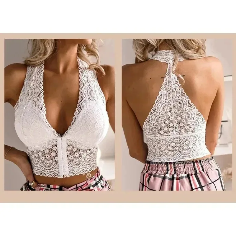 Summer Plus Size Sexy Hot Crop Top for Woman Deep V Neck Embroidery White Lace Y2k Tops Summer Sleeveless Female Clothing
