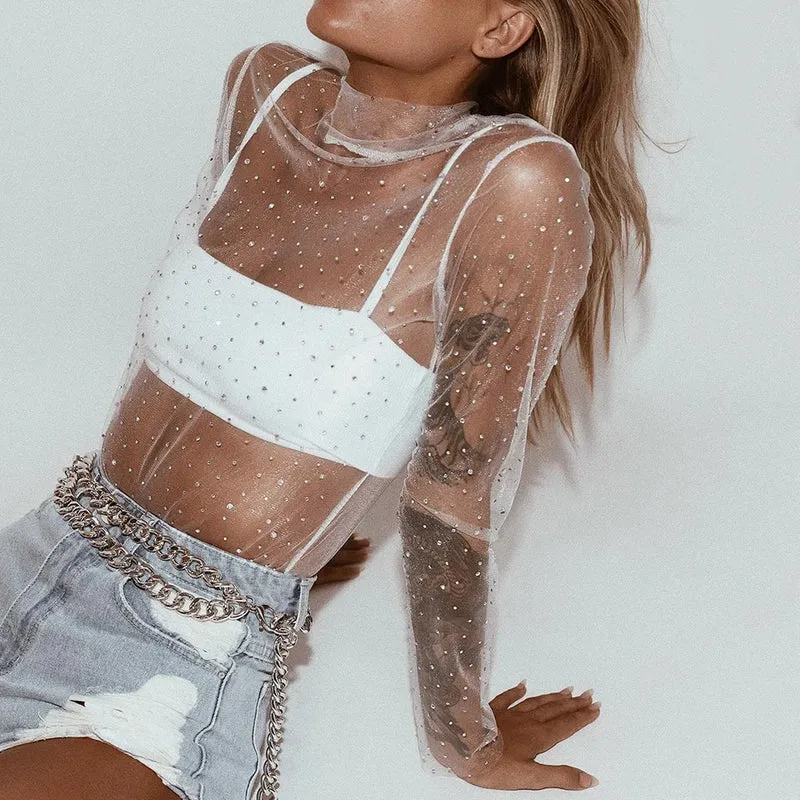 Summer Sexy Lace Mesh Sheer T Shirt Women Transparent Tops Turtleneck See Through Cover Up Long Sleeve Shine Rhinestone Crops
