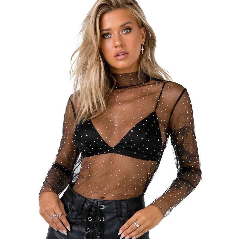 Summer Sexy Lace Mesh Sheer T Shirt Women Transparent Tops Turtleneck See Through Cover Up Long Sleeve Shine Rhinestone Crops