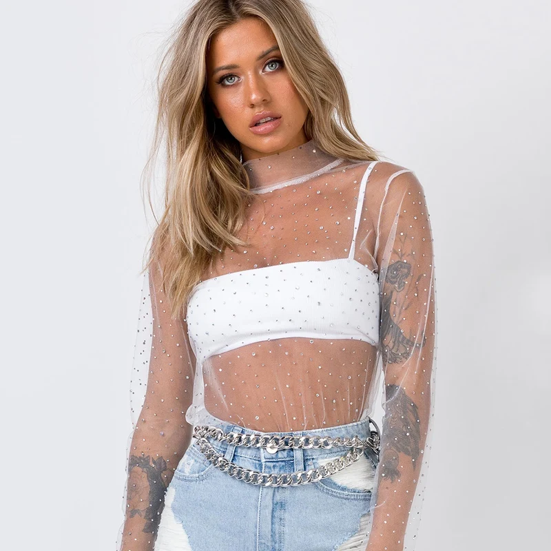 Summer Sexy Lace Mesh Sheer T Shirt Women Transparent Tops Turtleneck See Through Cover Up Long Sleeve Shine Rhinestone Crops