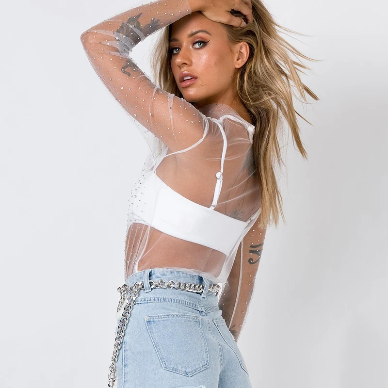 Summer Sexy Lace Mesh Sheer T Shirt Women Transparent Tops Turtleneck See Through Cover Up Long Sleeve Shine Rhinestone Crops