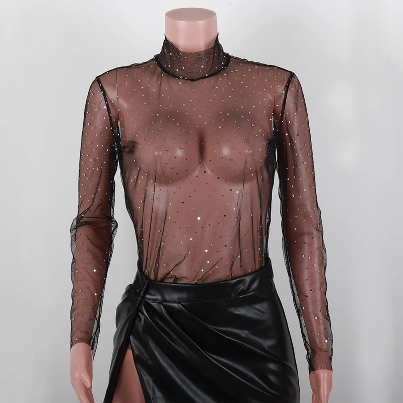 Summer Sexy Lace Mesh Sheer T Shirt Women Transparent Tops Turtleneck See Through Cover Up Long Sleeve Shine Rhinestone Crops