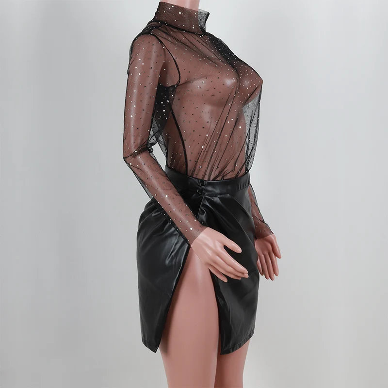 Summer Sexy Lace Mesh Sheer T Shirt Women Transparent Tops Turtleneck See Through Cover Up Long Sleeve Shine Rhinestone Crops