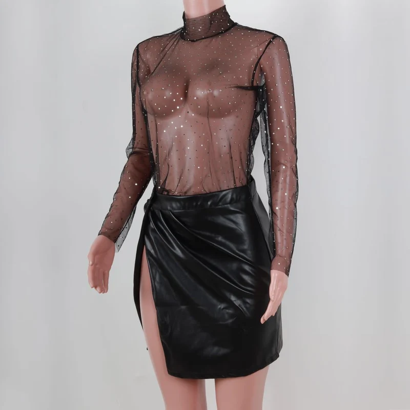 Summer Sexy Lace Mesh Sheer T Shirt Women Transparent Tops Turtleneck See Through Cover Up Long Sleeve Shine Rhinestone Crops