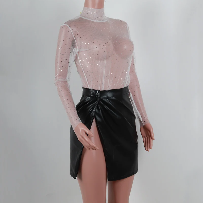 Summer Sexy Lace Mesh Sheer T Shirt Women Transparent Tops Turtleneck See Through Cover Up Long Sleeve Shine Rhinestone Crops