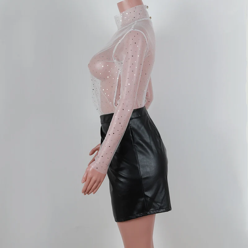 Summer Sexy Lace Mesh Sheer T Shirt Women Transparent Tops Turtleneck See Through Cover Up Long Sleeve Shine Rhinestone Crops
