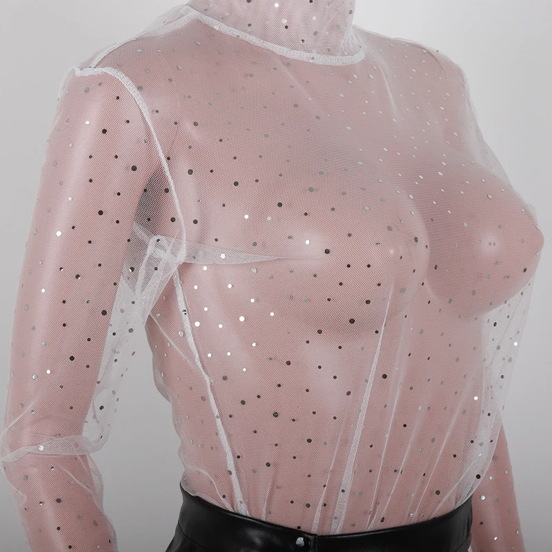 Summer Sexy Lace Mesh Sheer T Shirt Women Transparent Tops Turtleneck See Through Cover Up Long Sleeve Shine Rhinestone Crops