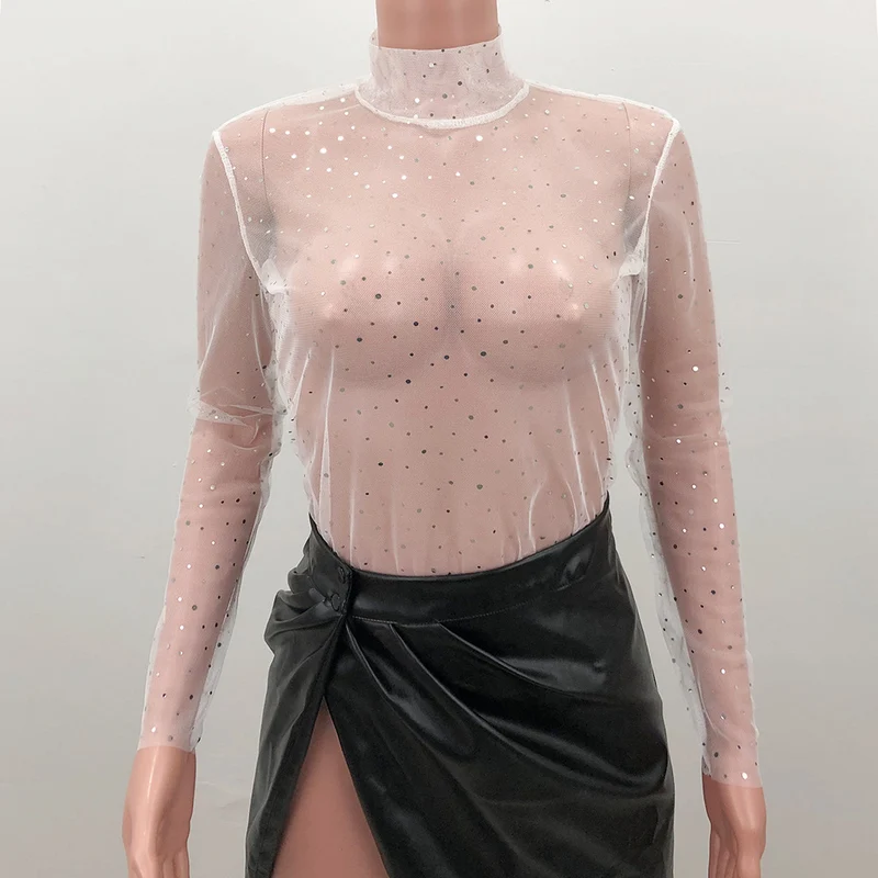 Summer Sexy Lace Mesh Sheer T Shirt Women Transparent Tops Turtleneck See Through Cover Up Long Sleeve Shine Rhinestone Crops
