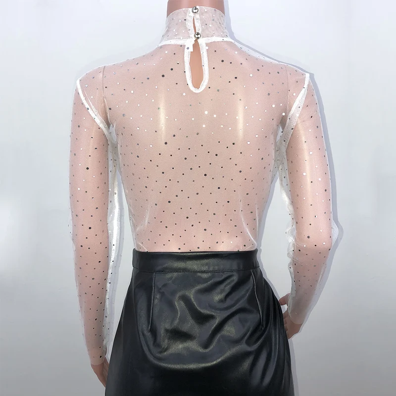 Summer Sexy Lace Mesh Sheer T Shirt Women Transparent Tops Turtleneck See Through Cover Up Long Sleeve Shine Rhinestone Crops