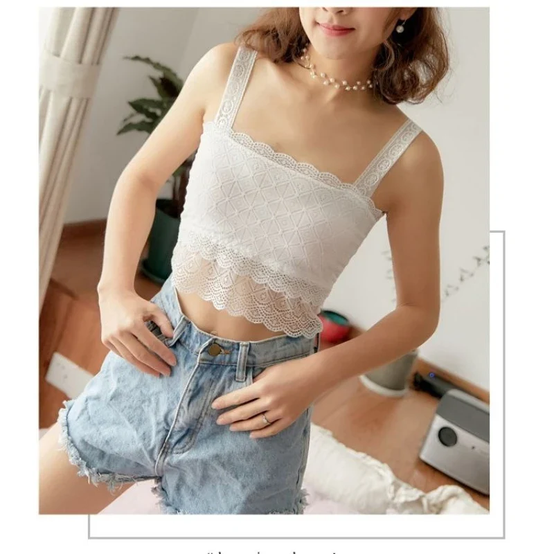 Summer Sexy Lace Camisole Tank Tops Women Beautiful Back Top Lady Seamless Hollow Out Elastic with Chest Pads Woman Clothing