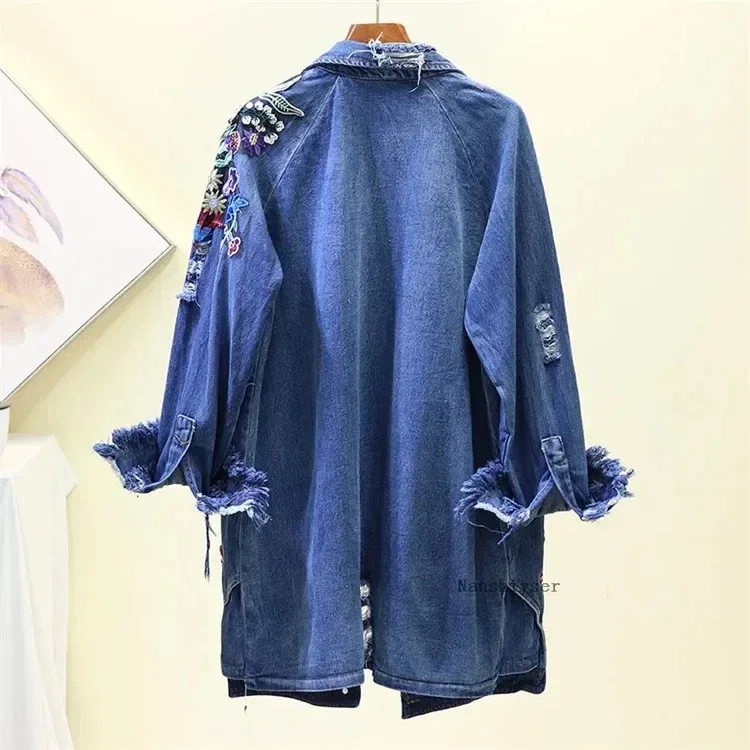 Spring Autumn Loose Vintage Flower Embroidered Denim Jacket Women Single-breasted Casual Raw Fringe Hole Jeans Jackets Female